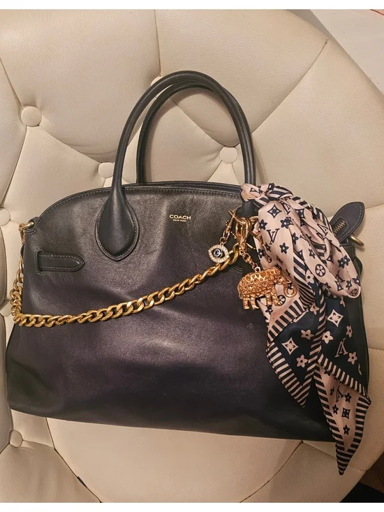 Coach NAVY Leather Satchel with Gold Chain and White/Blue Scarf Charm Empire 40 - Picture 1 of 7